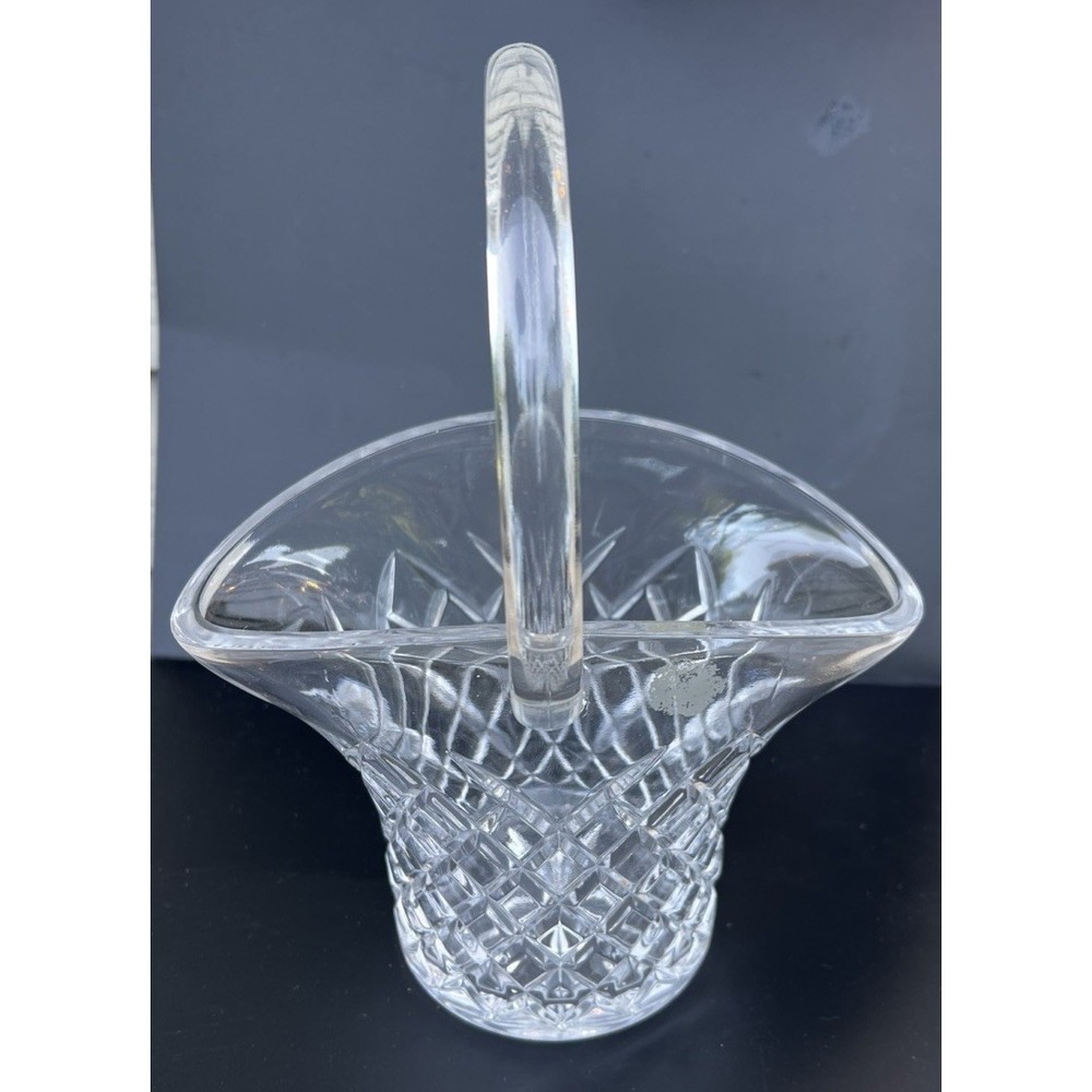 Vintage Galway Irish Crystal Basket with Handle 7"x4"x9" Diamond Pattern